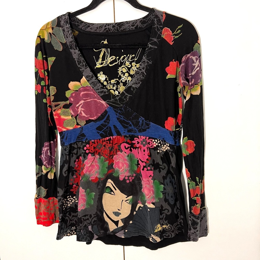 Desigual Geisha Floral Top Women L Black Harajuku Long Sleeve V-Neck Boho Y2K - Picture 2 of 6